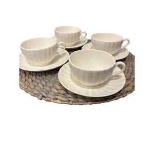 4 Spode of England CHELSEA WICKER Ivory Teacups & Matching Saucers